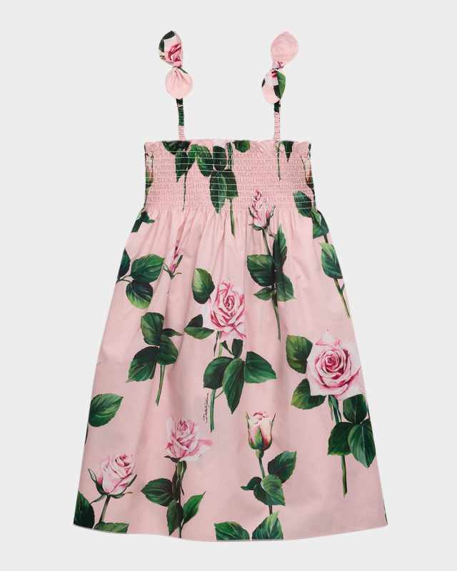 Girl's Rose-Print Smocked Sundress, Size 4-6